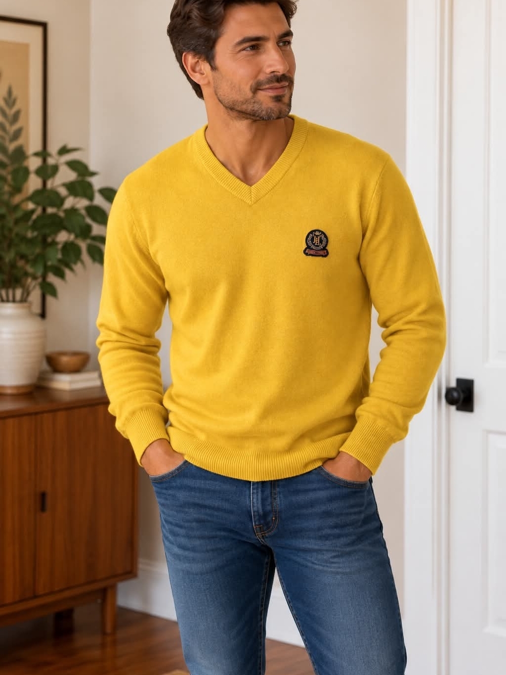 Henri Lloyd Men's V-Neck Sweater in Mustard Yellow with Crest
